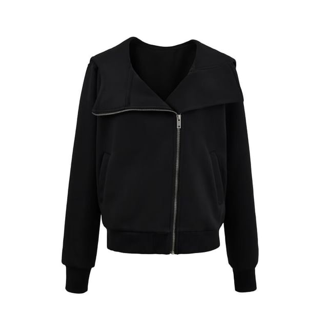 Stand Collar Plain Zip-Up Hooded Sweatshirt