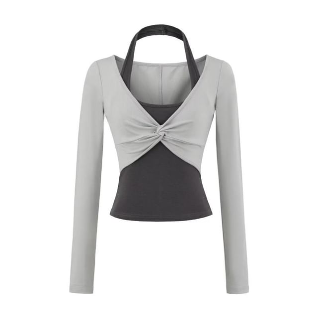 Long Sleeve Halter Illusion Layered Ruched Top