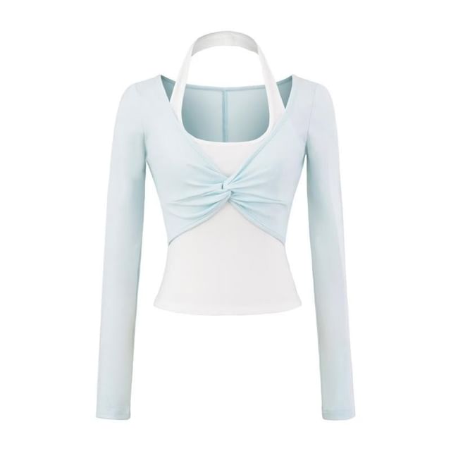 Long Sleeve Halter Illusion Layered Ruched Top