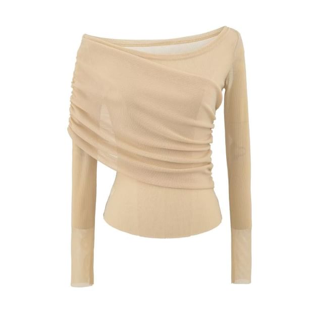 Long Sleeve One Shoulder Plain Ruched Panel Blouse
