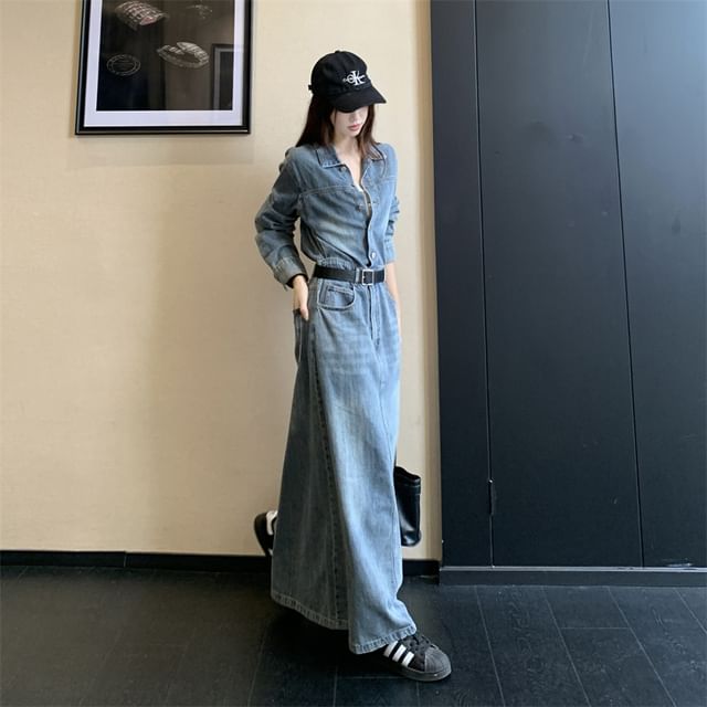 Long-Sleeve Collar Button Denim Maxi A-Line Dress