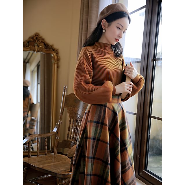 Mock Neck Plain Ribbed Sweater & High Rise Plaid Midi A-Line Skirt Set