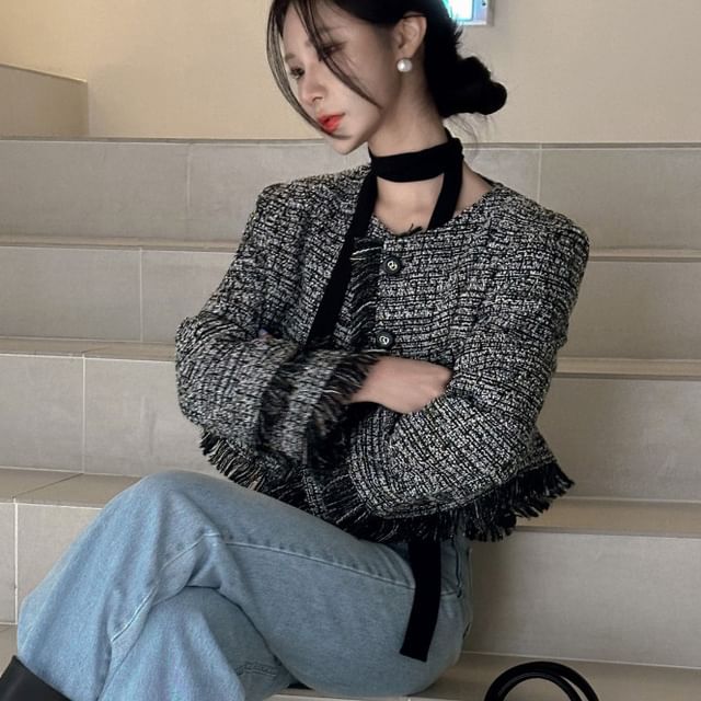 Round Neck Fringe Tweed Button Jacket