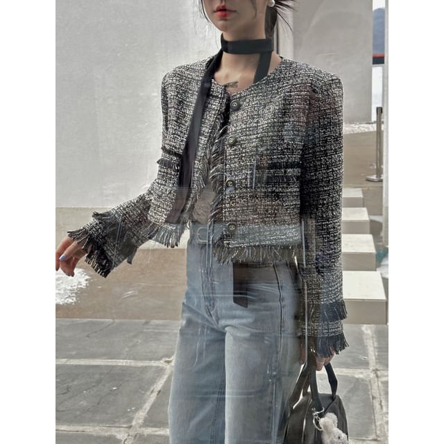 Round Neck Fringe Tweed Button Jacket