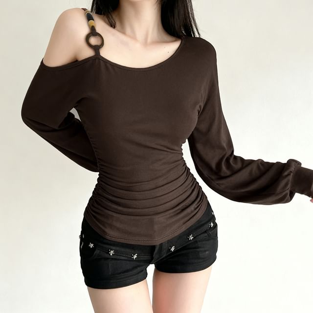 Beaded Ruched Cold-Shoulder Long-Sleeve Plain Blouse