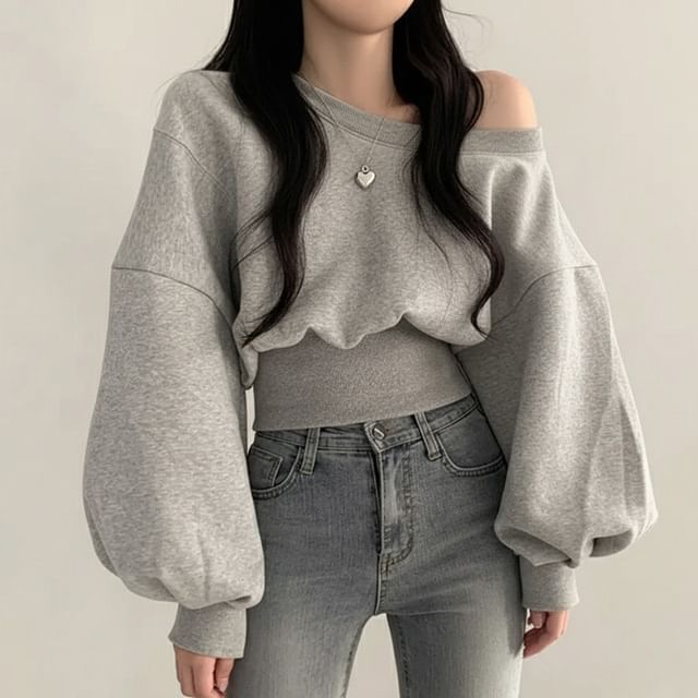 Plain One-Shoulder Sweatshirt with Balloon Sleeves