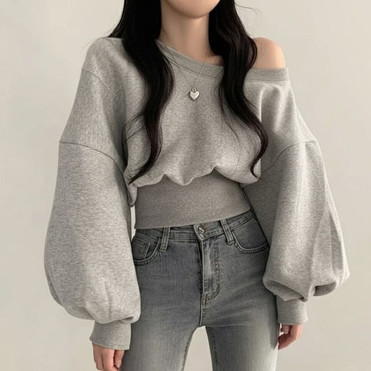 Plain One-Shoulder Sweatshirt with Balloon Sleeves