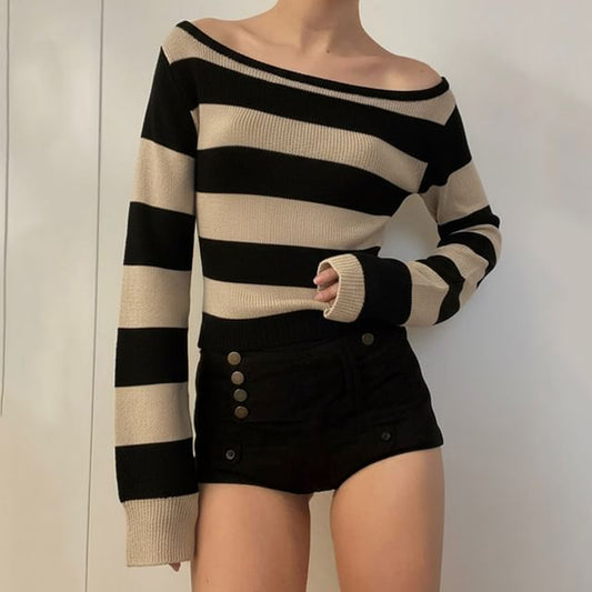 Striped Ribbed Knit Top with V-Neck & Long Sleeves