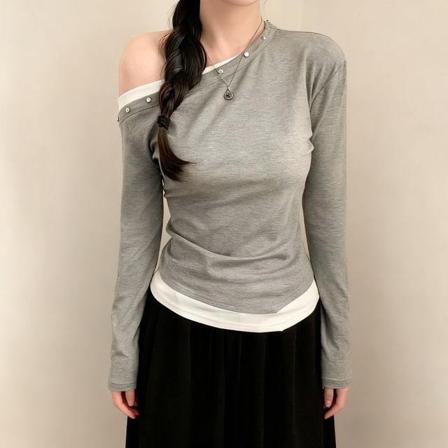 Studded Mock-Layered Top with One Shoulder & Long Sleeves