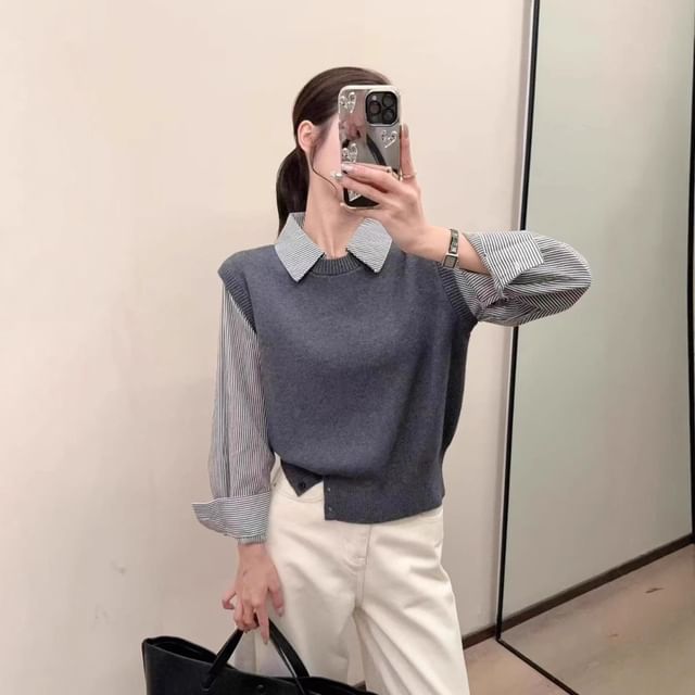Striped Knit Panel Cropped Blouse, Collared Mock Two-Piece Long-Sleeve