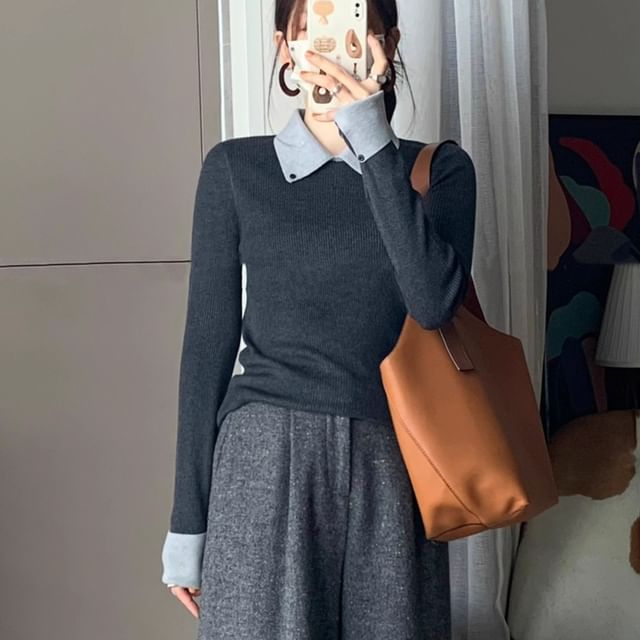 Two-Tone Ribbed Knit Collared Top with Long Sleeves