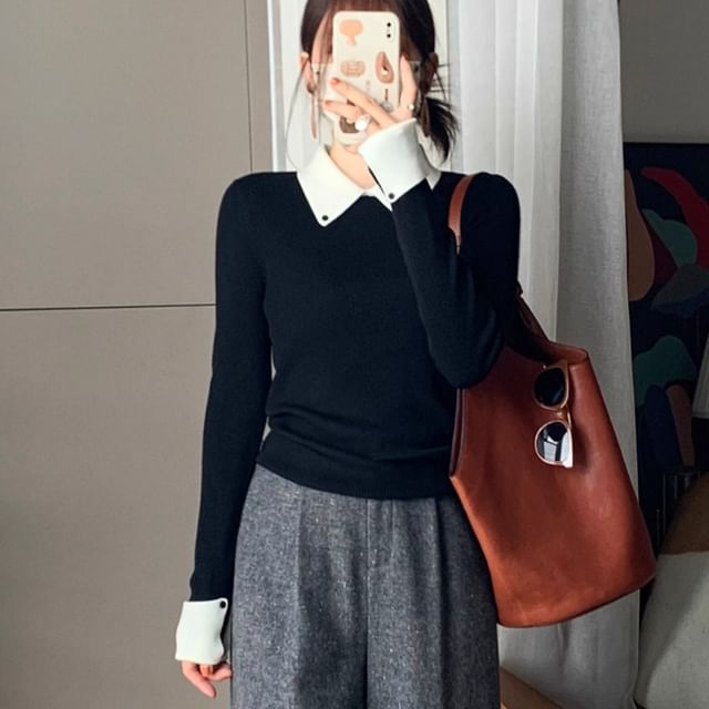 Two-Tone Ribbed Knit Collared Top with Long Sleeves