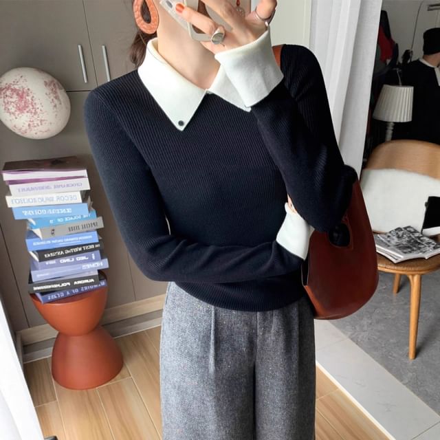 Two-Tone Ribbed Knit Collared Top with Long Sleeves