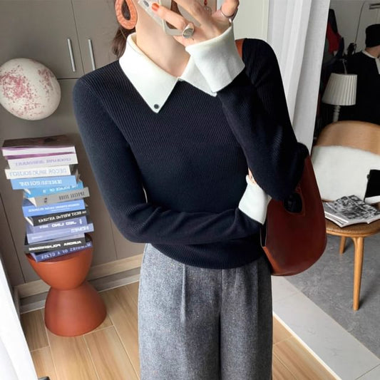 Two-Tone Ribbed Knit Collared Top with Long Sleeves