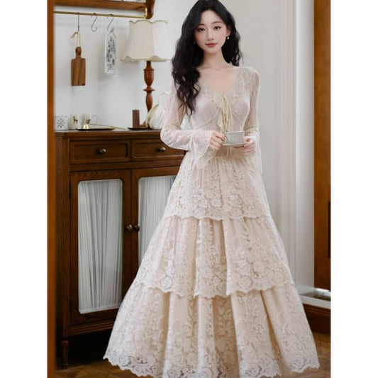Long Sleeve V-Neck Plain Ruffle Tiered Lace Maxi A-Line Dress