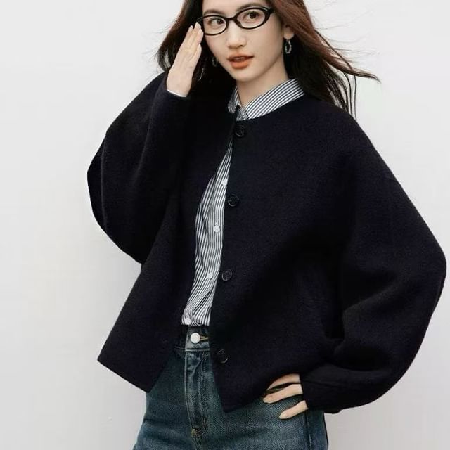 Round Neck Plain Button Up Wool Jacket