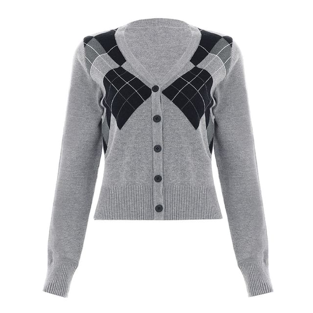 Argyle V-Neck Button Crop Knit Top Long Sleeve