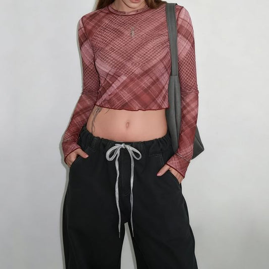 Plaid Mesh Crop Top with Round Neck and Long Sleeves