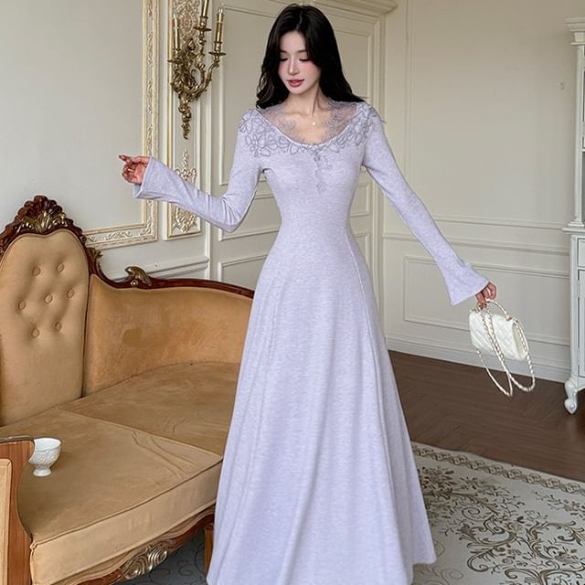 Long Sleeve V-Neck Plain Panel Lace Maxi A-Line Dress