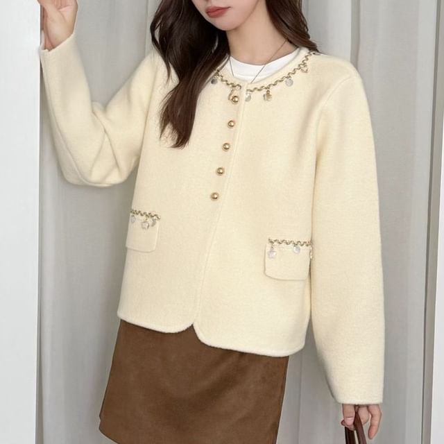 Round Neck Contrast Trim Button Up Wool Jacket