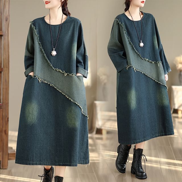 Frayed Denim Midi Tunic Dress with Contrasting Long Sleeves