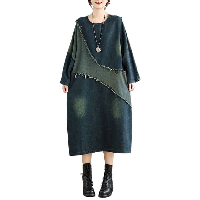 Frayed Denim Midi Tunic Dress with Contrasting Long Sleeves