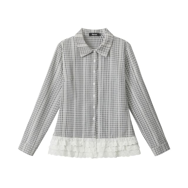 Plaid Lace-Trimmed Slim Shirt with Collar and Long Sleeves