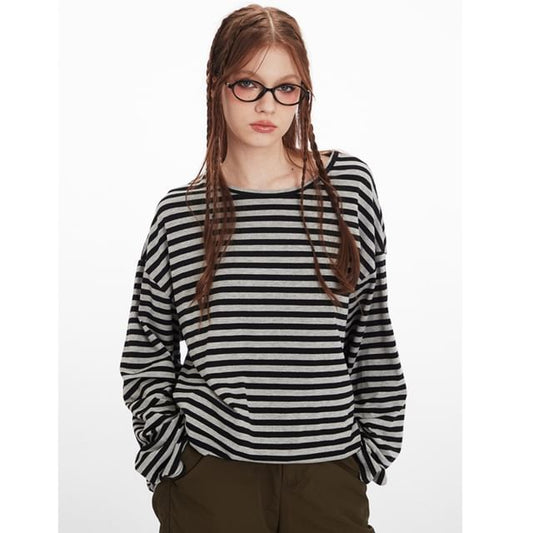 Striped Crew Neck Loose-Fit Long-Sleeve Tee