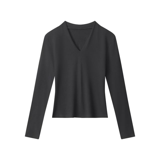 Ribbed Knit V-Neck Fitted Long-Sleeve Top