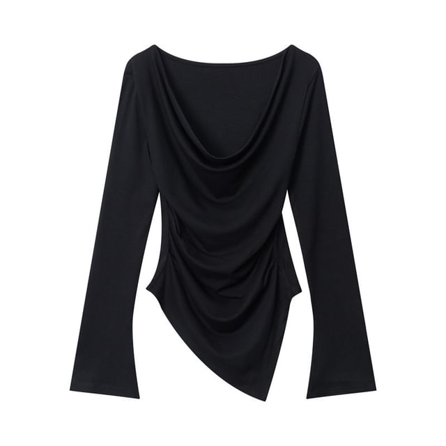 Asymmetric Hem Off-Shoulder Fitted Long-Sleeve Top
