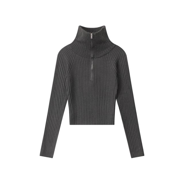 Half-Zip Ribbed Knit Fitted Long-Sleeve Top