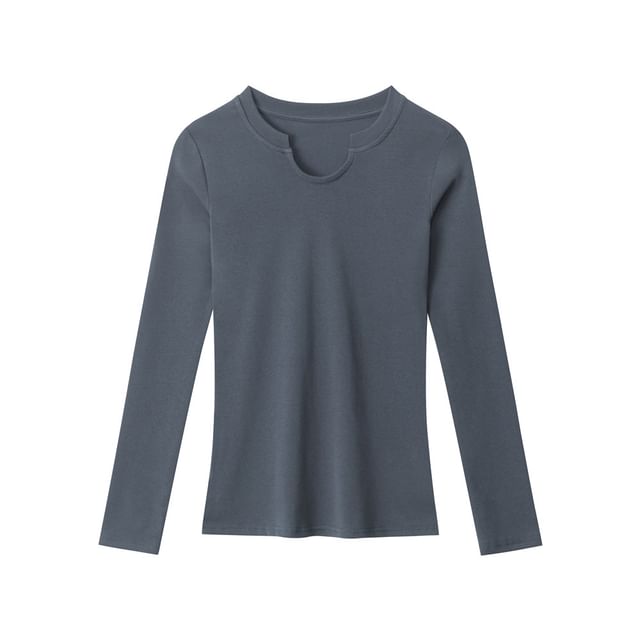 Solid V-Neck Fitted Long-Sleeve Tee