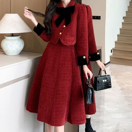 Set: Collared Asymmetrical Bow Accent Button-Up Tweed Crop Jacket + High Waist Midi A-Line Skirt