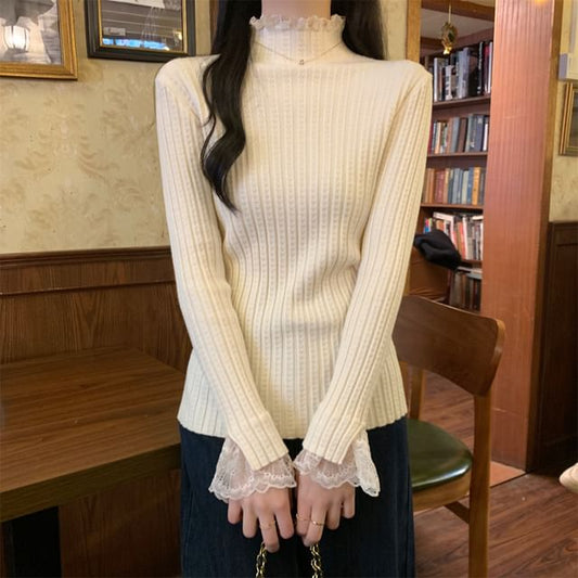 Ribbed Knit Top with Lace Trim and High Neck