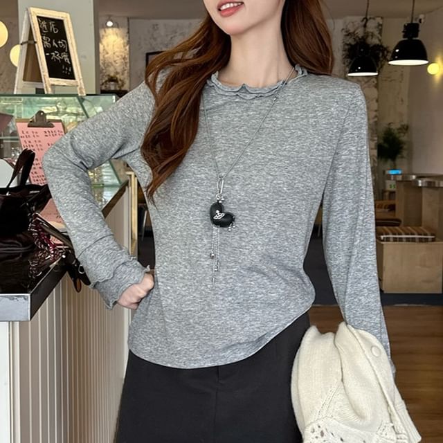 Crew Neck Tee with Lettuce Hem and Long Sleeves