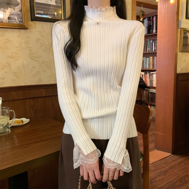 Ribbed Knit Top with Lace Trim and High Neck