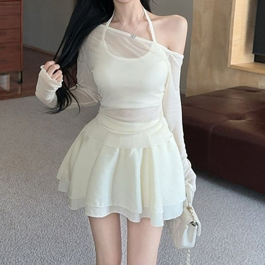 Halter Crop Top and Off-Shoulder Mesh Top with Skirt Set