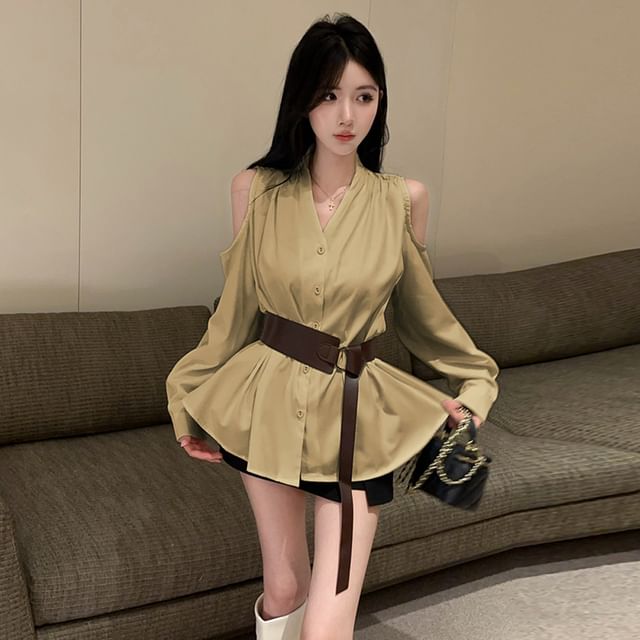 Cold Shoulder V-Neck Button Blouse Set with Belt