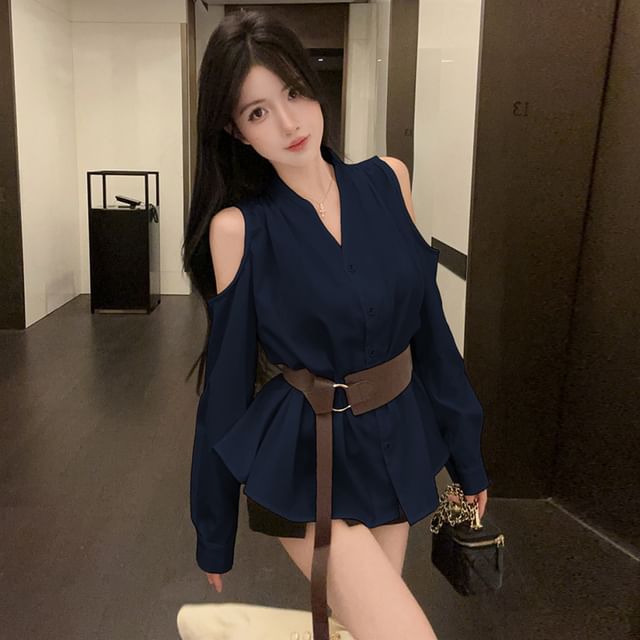 Cold Shoulder V-Neck Button Blouse Set with Belt