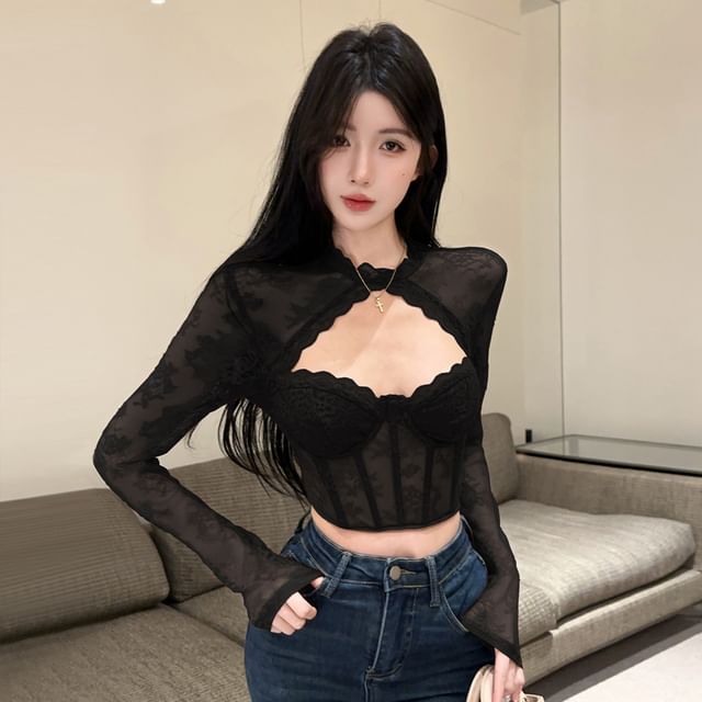 Mock Neck Bustier Top with Cutout Lace Details