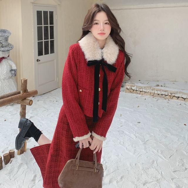 Set: Fluffy Collared Tweed Button Up Jacket + High Rise Midi A-Line Skirt