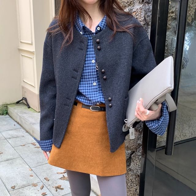 Round Neck Plain Wool Button Up Jacket