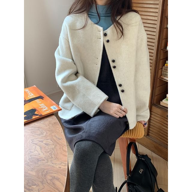 Round Neck Plain Wool Button Up Jacket