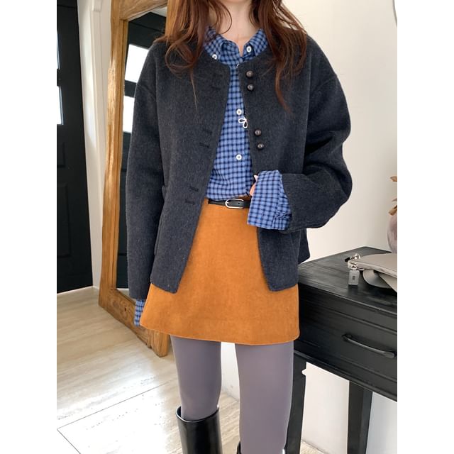 Round Neck Plain Wool Button Up Jacket