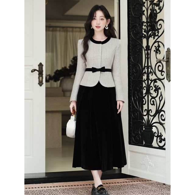 Set: Round Neck Bow Tweed Concealed Button Jacket + High Waist Plain Maxi A-Line Skirt