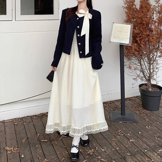 Long-Sleeve Tie-Neck Plain Lace Trim Midi A-Line Dress / Tweed Button-Up Jacket