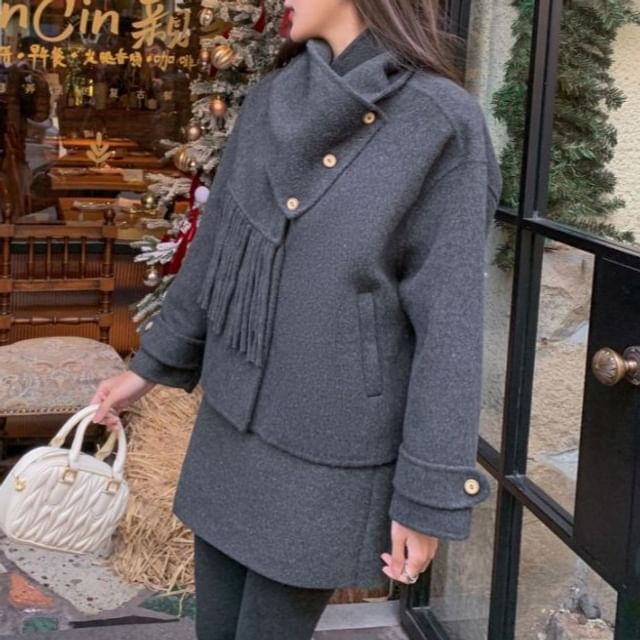 Plain Button Up Wool Jacket / High Waist Plain Mini A-Line Skirt