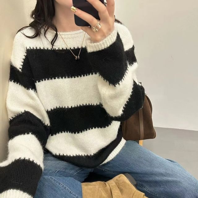 Striped Round Neck Knit Sweater