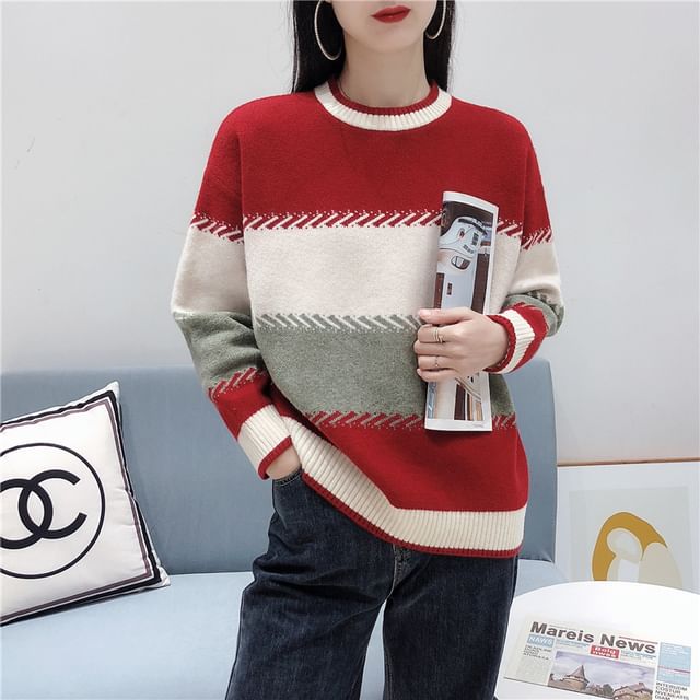 Color Block Round Neck Pullover Sweater