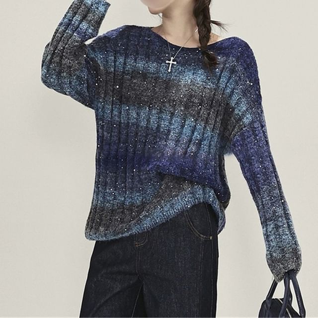 Ombre Ribbed Crewneck Sweater with Gradient Effect